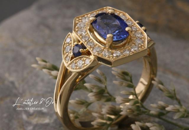 Bague en or éthique 18 carats saphir et diamants, un bijou unique et original